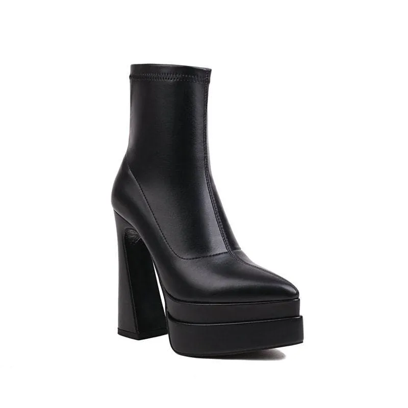 Chunky Black Platform Ankle Boots with Pointed Toe for Women