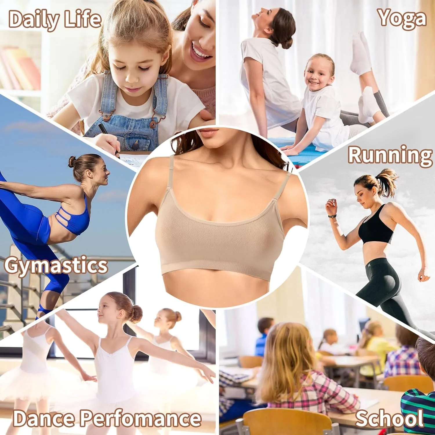 Girl Dance Bra - Seamless Wireless Elastic Bras with 2 Pair Adjustable Replace Clear Straps Silicone Covers