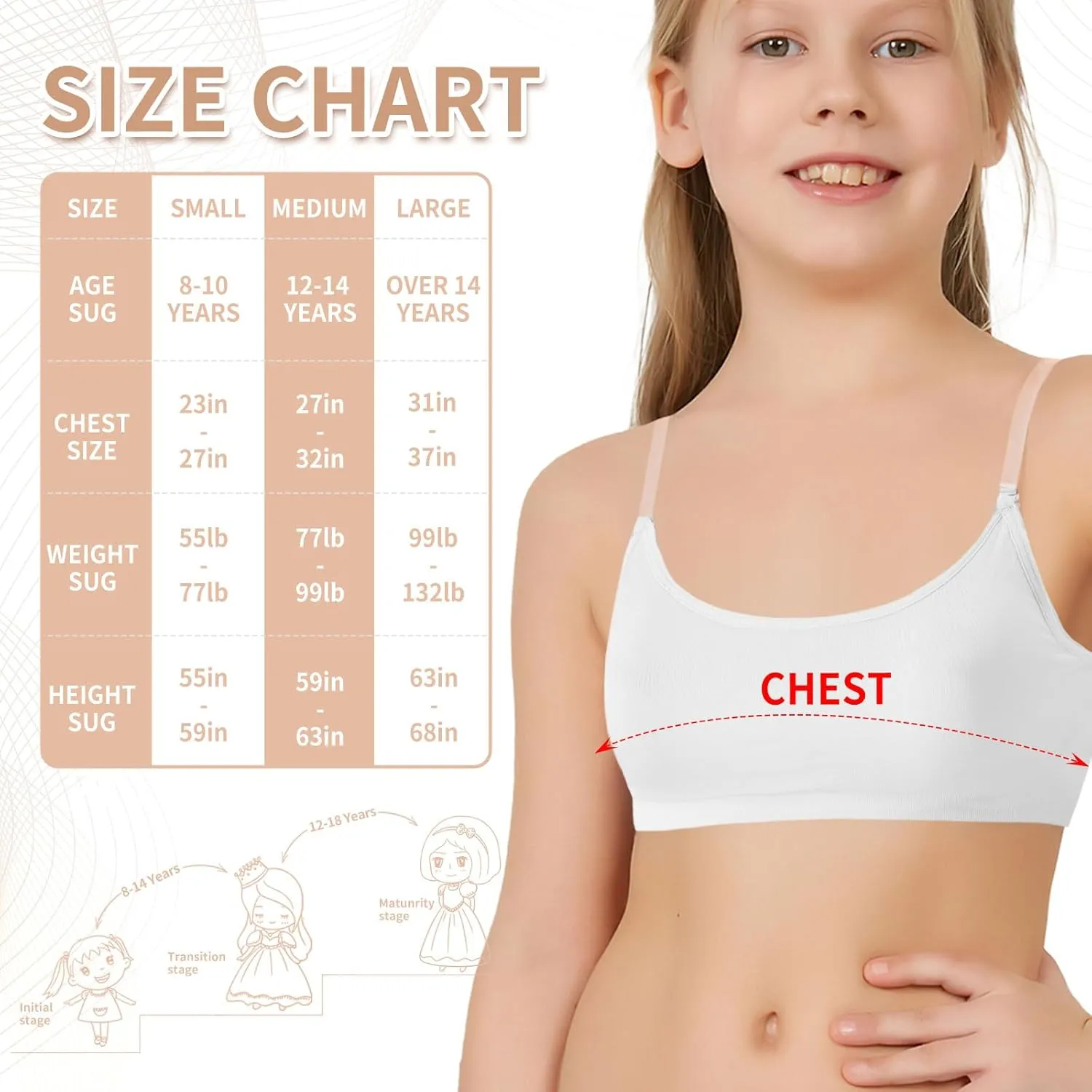 Girl Dance Bra - Seamless Wireless Elastic Bras with 2 Pair Adjustable Replace Clear Straps Silicone Covers