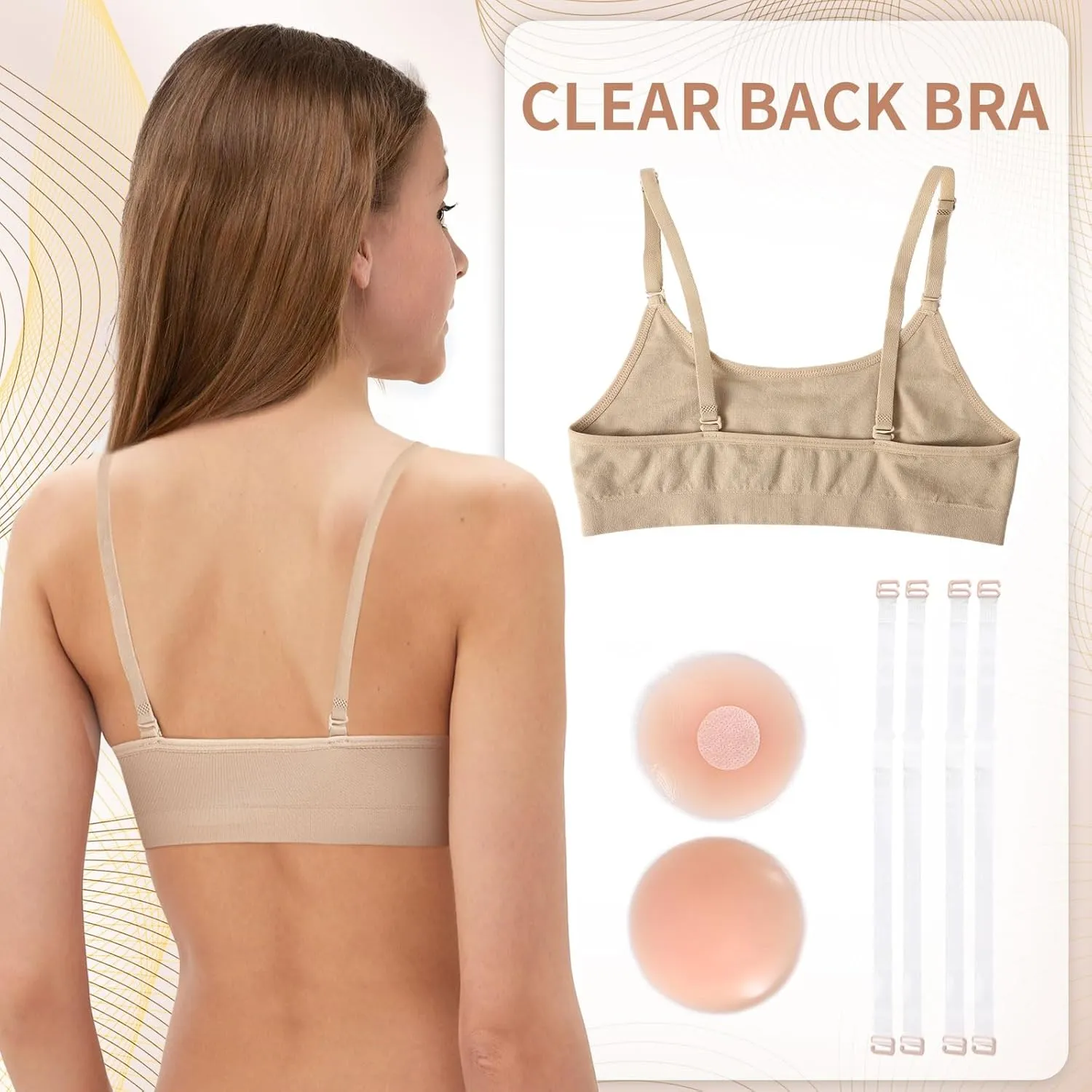 Girl Dance Bra - Seamless Wireless Elastic Bras with 2 Pair Adjustable Replace Clear Straps Silicone Covers