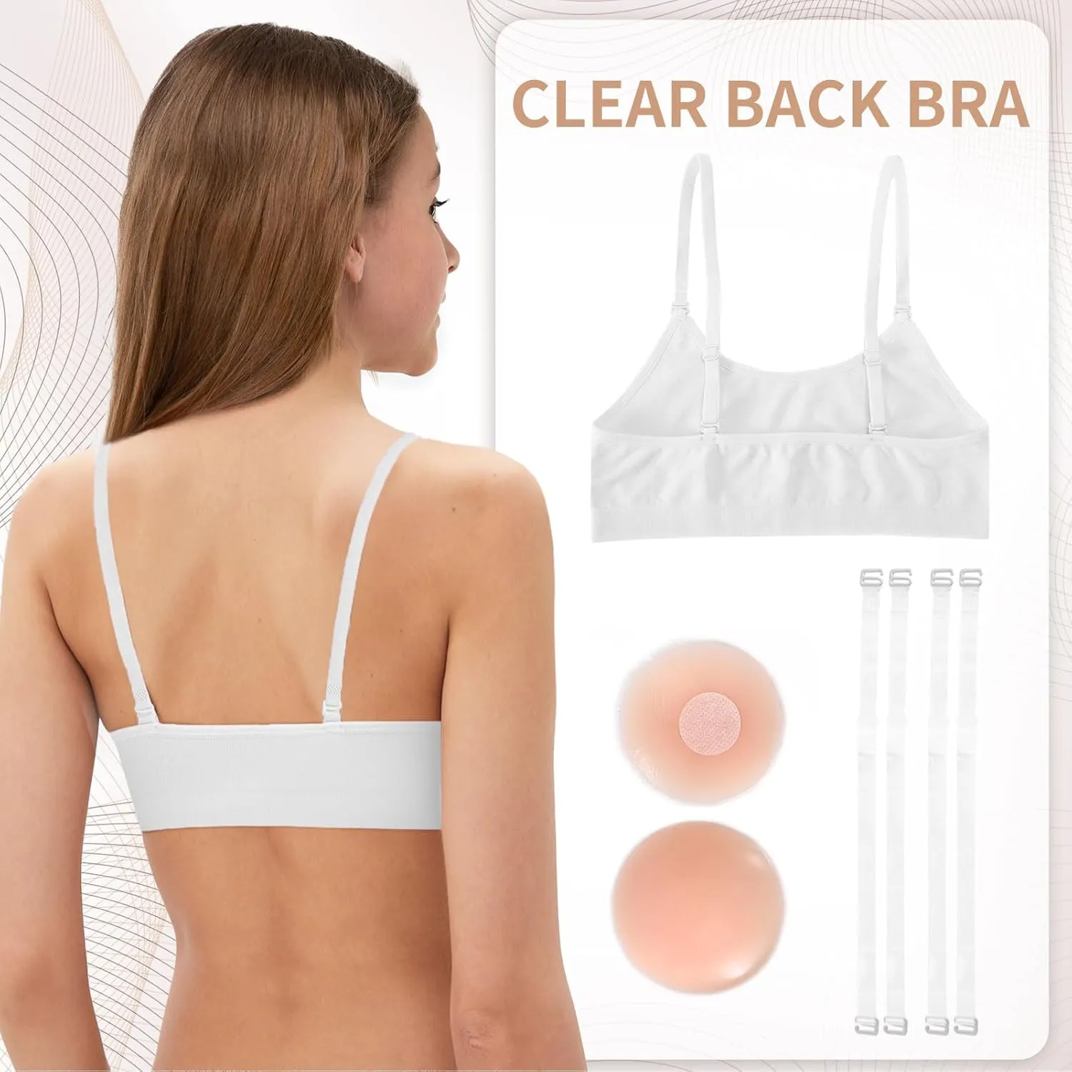 Girl Dance Bra - Seamless Wireless Elastic Bras with 2 Pair Adjustable Replace Clear Straps Silicone Covers
