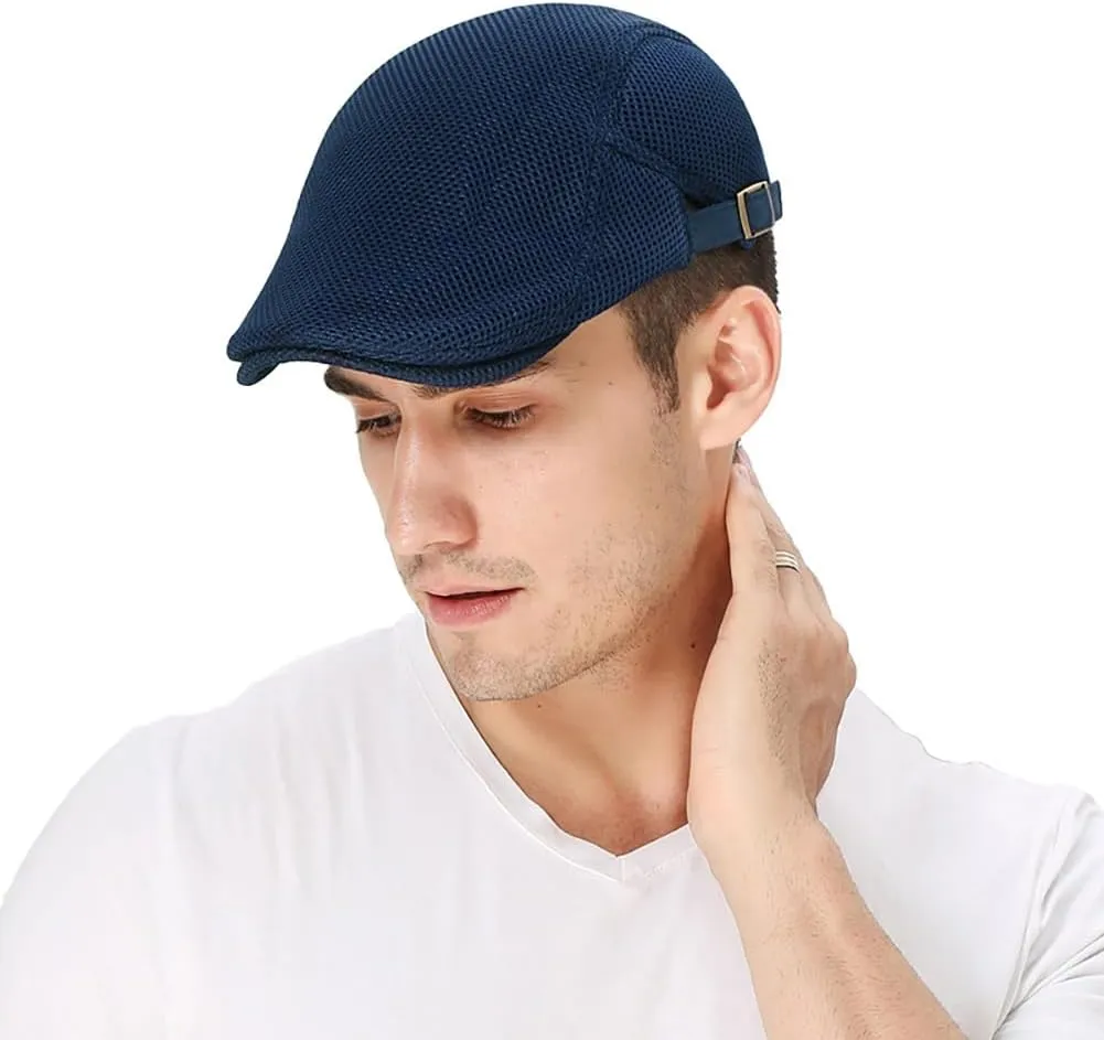 Mens Breathable Mesh Summer Hat Adjustable Newsboy Beret Ivy Cap Cabbie Flat Cap
