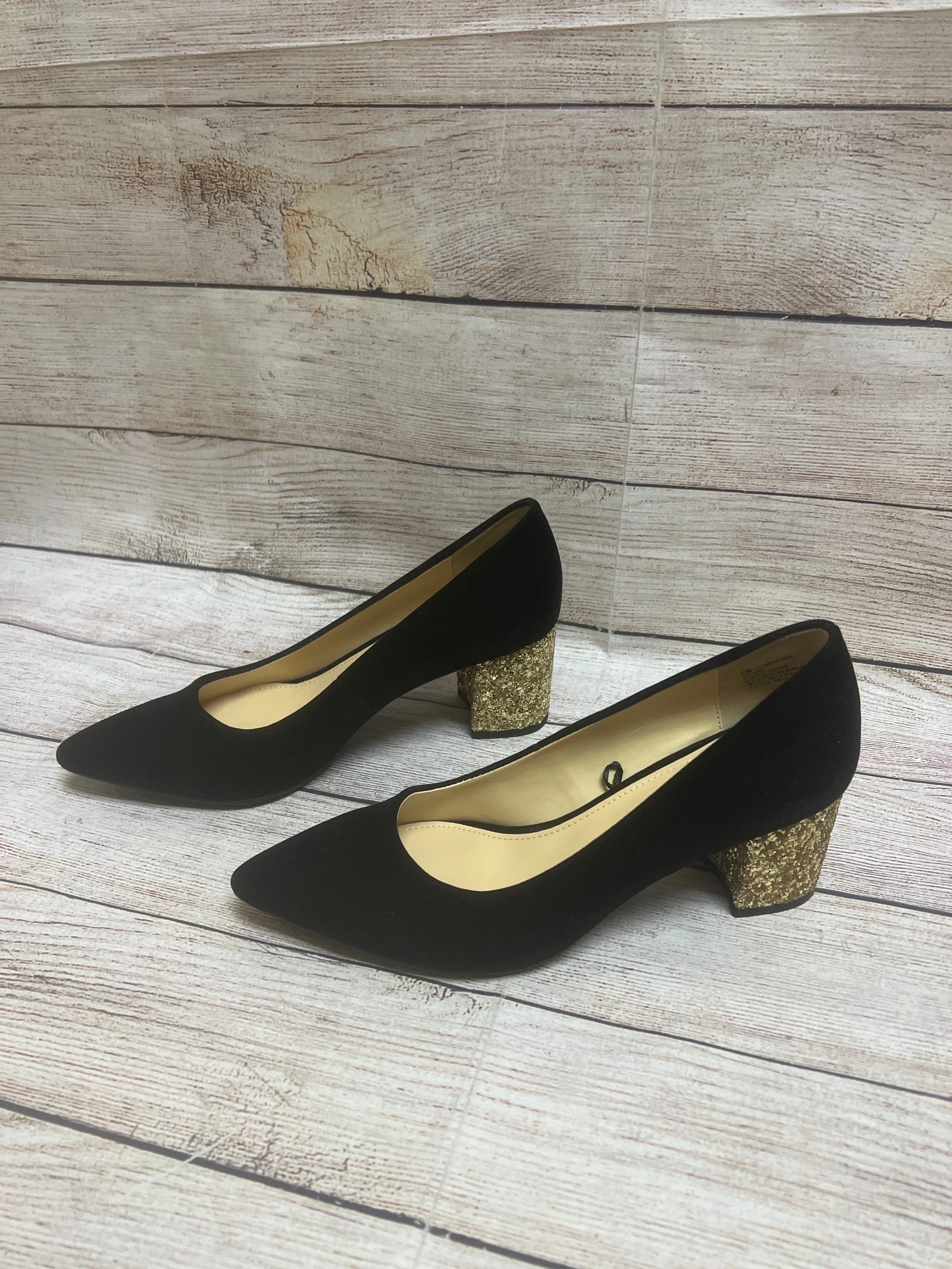 Shoes Heels Block By Liz Claiborne In Black & Gold, Size: 7