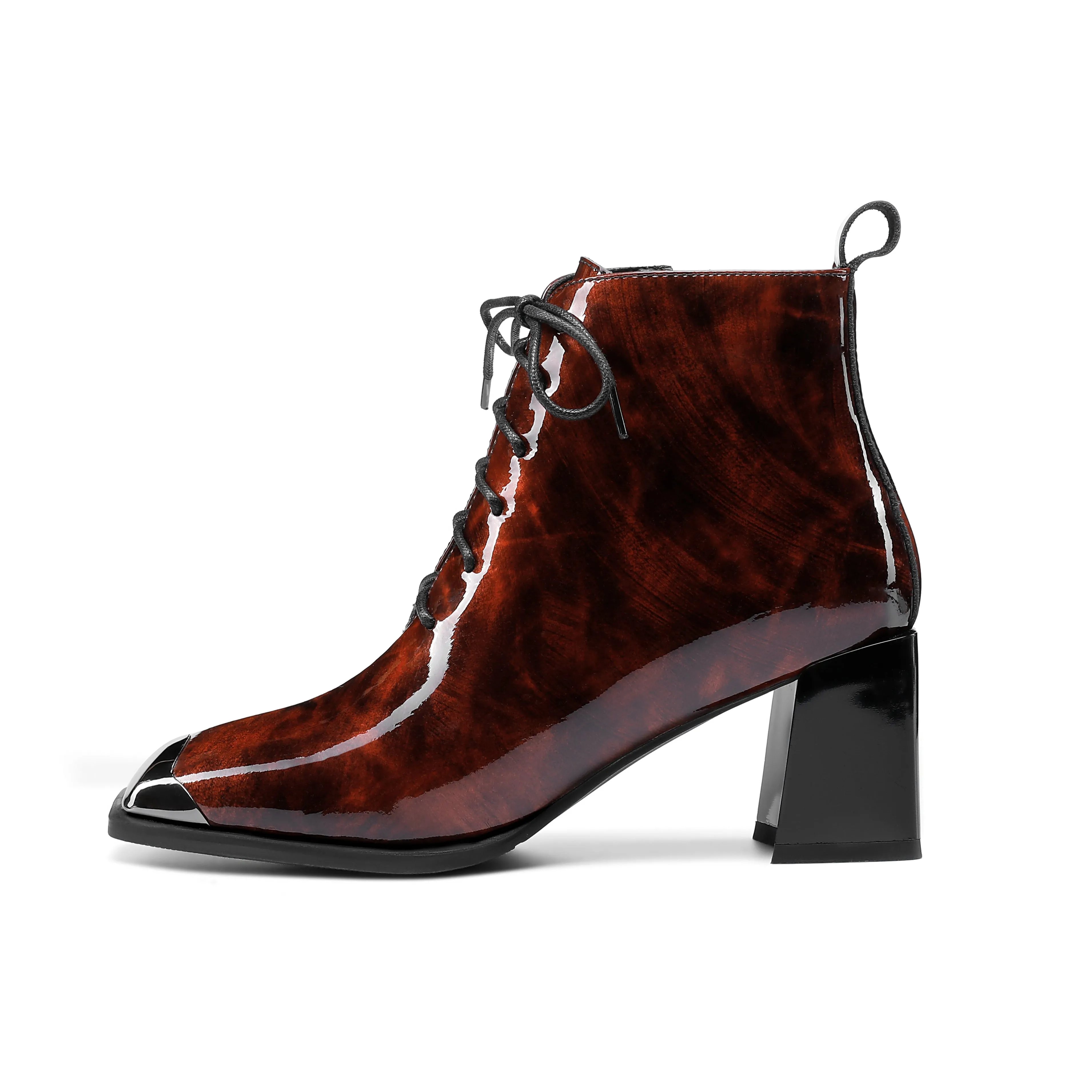 TinaCus Women's Handmade Patent Leather Classic Square Toe Mid Block Heel Side Zip Lace Up Stylish Ankle Boots