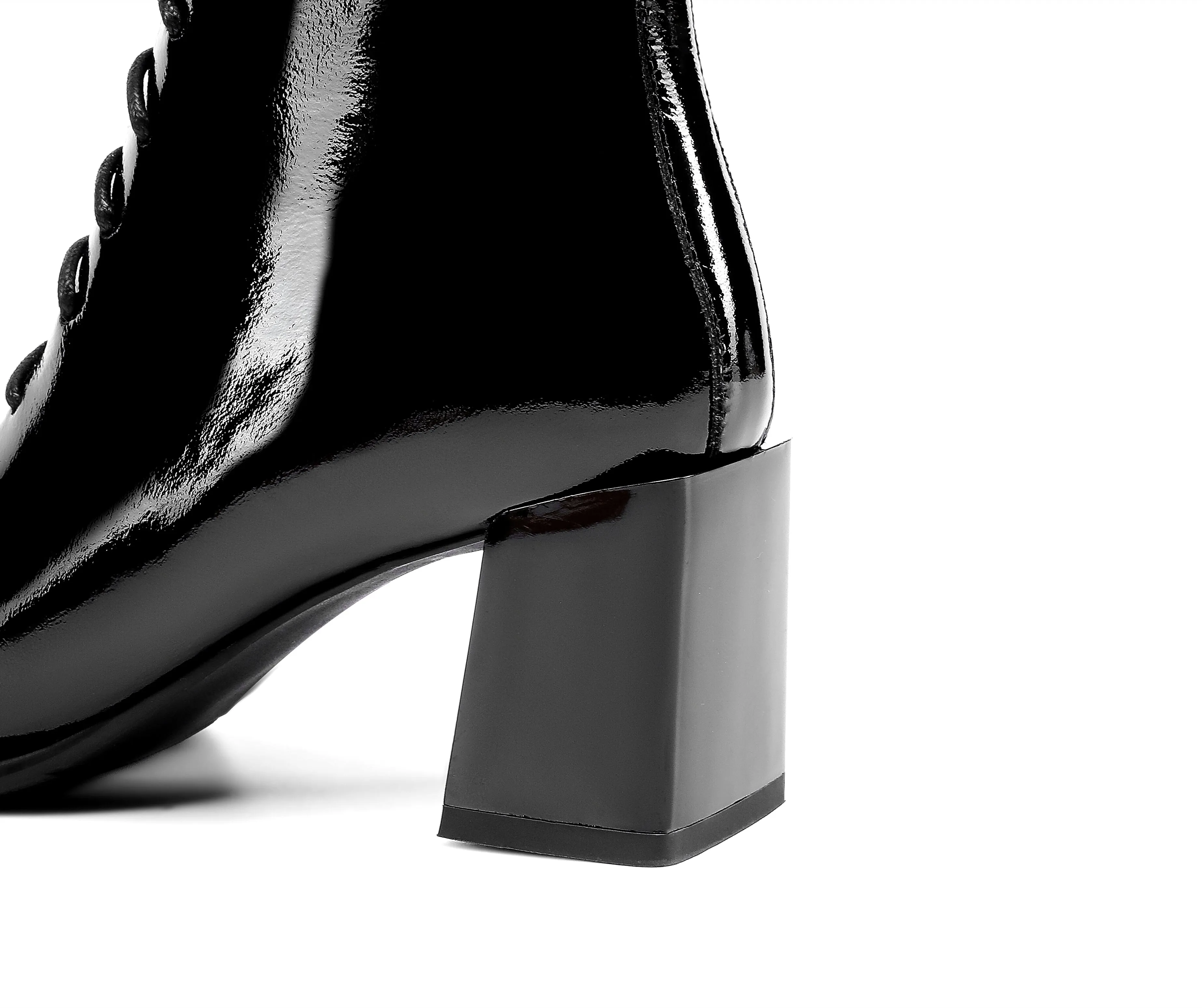 TinaCus Women's Handmade Patent Leather Classic Square Toe Mid Block Heel Side Zip Lace Up Stylish Ankle Boots