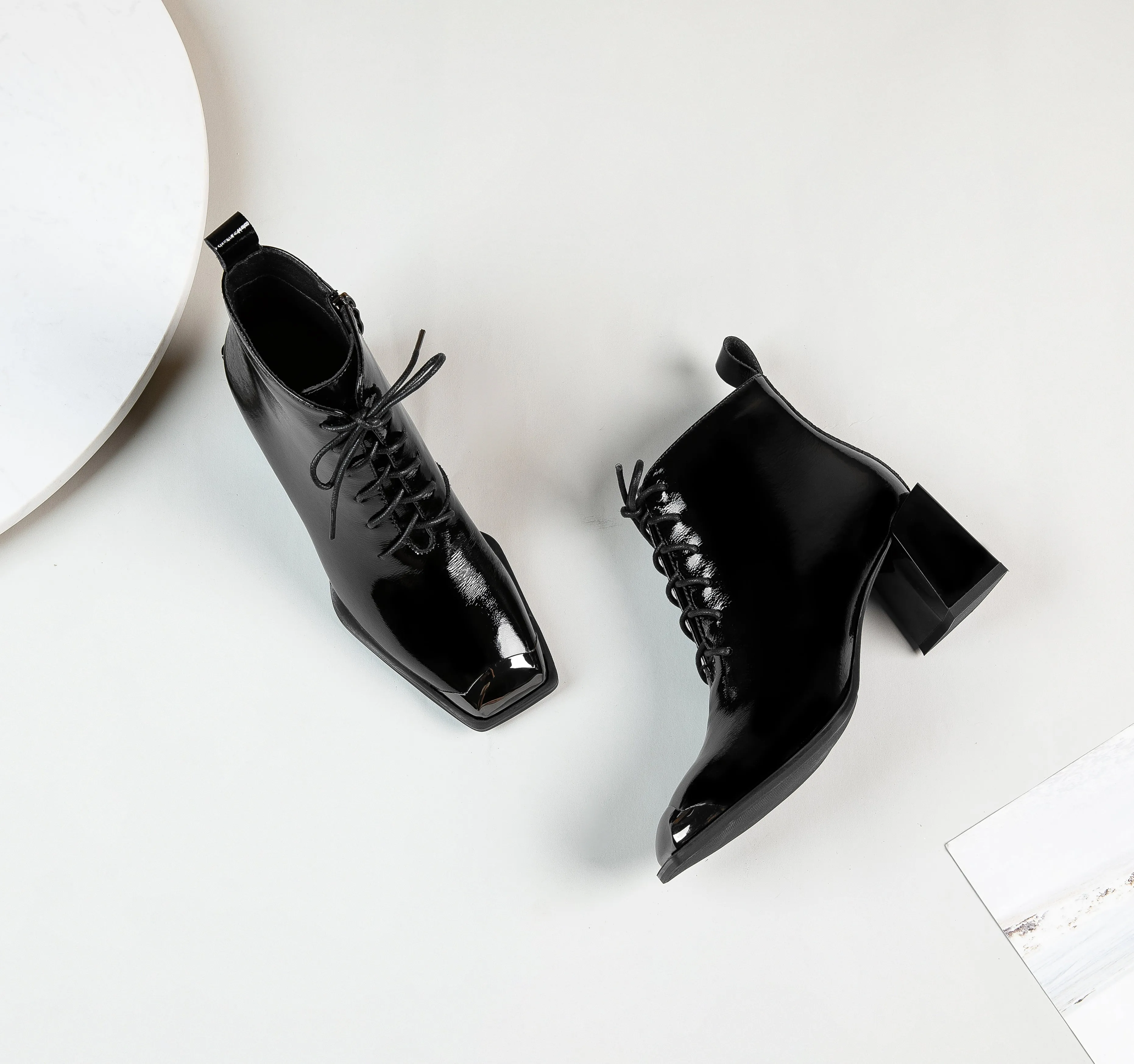 TinaCus Women's Handmade Patent Leather Classic Square Toe Mid Block Heel Side Zip Lace Up Stylish Ankle Boots